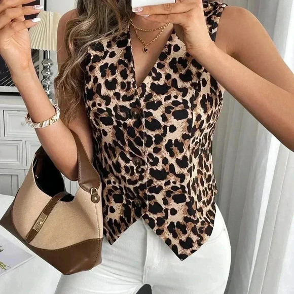 Tops - Khaki Casual Women's Slim Fit Leopard Print Short Vest